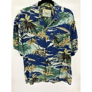 Island Fever Hawaiian Shirt Men's Medium Blue Green Surf Palm Trees Tropical